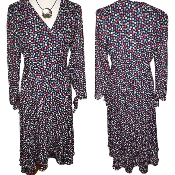Betsey Johnson Multicolor Polka Dot Hi Low Hem Wrap Dress 4 Sheer Long Sleeves - Picture 4 of 16